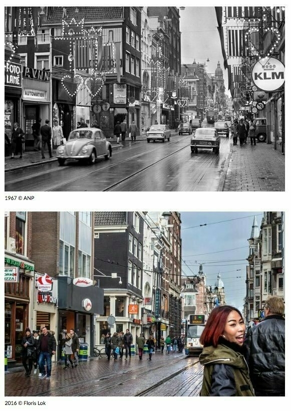 Foto van een straat in Amsterdam in 1967 en 2016,