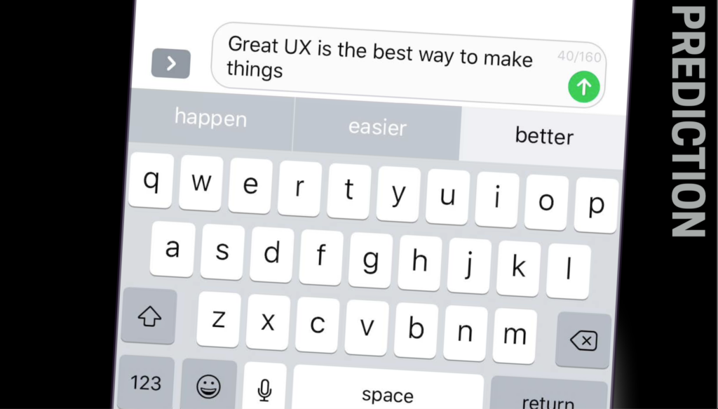 Slide met beeld van Quicktype suggesties bovenaan een iPhone software keyboard als voorbeeld van subtiele machine learning